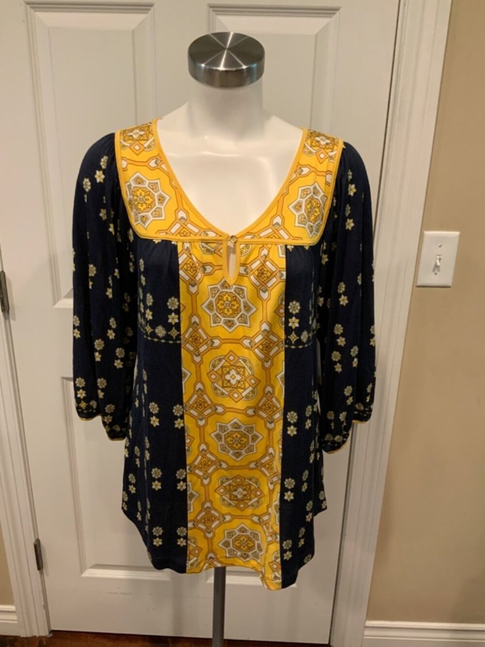 Juicy Couture Yellow & Navy Blue Floral Geometric Silk Tunic Shirt, Size M